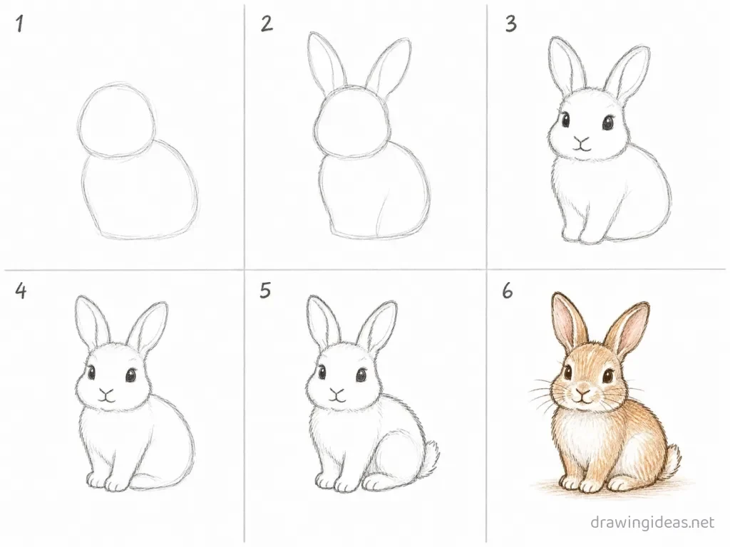 How to draw a bunny step by step — 6-step bunny drawing tutorial grid