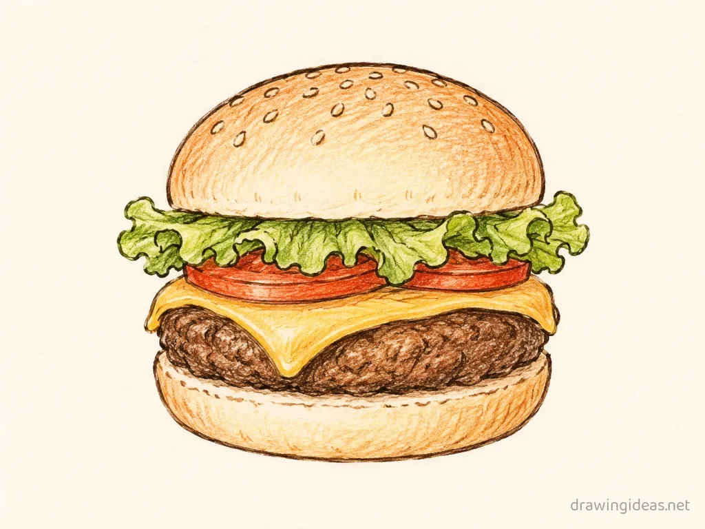 Burger drawing — hand-drawn burger illustration with ink lines and soft colors