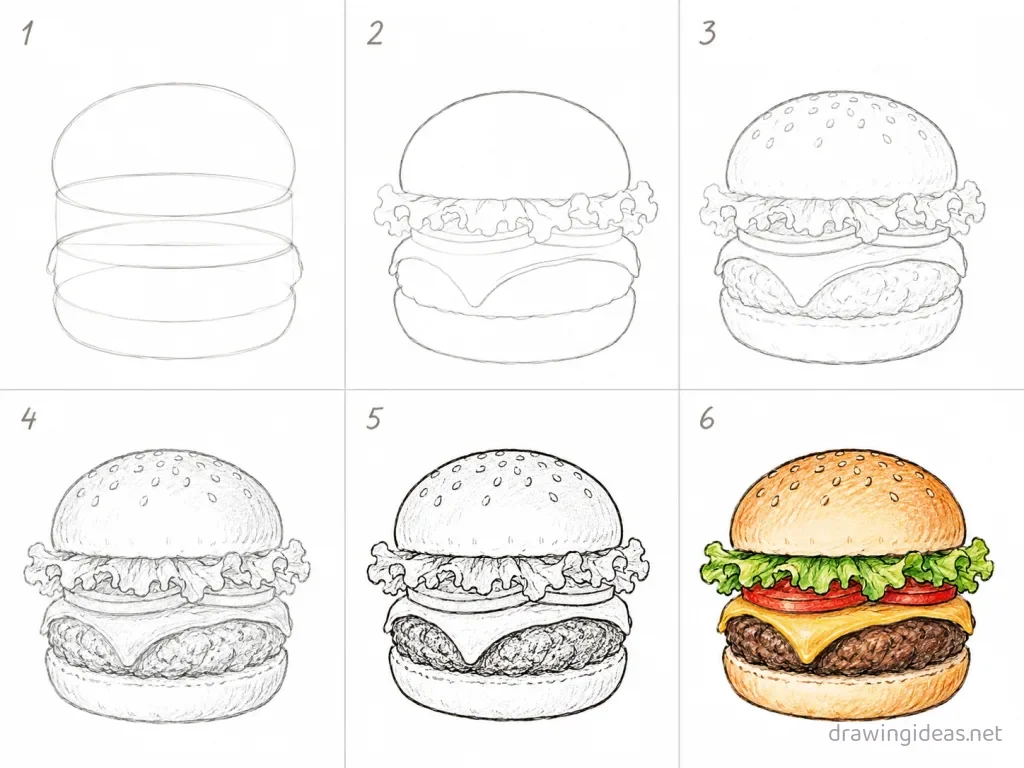 How to draw a burger step by step — 6-step burger drawing tutorial grid