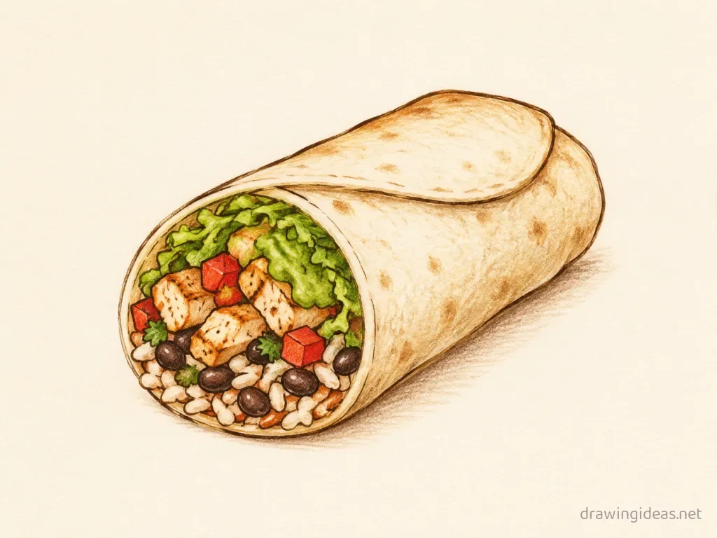 Burrito drawing — hand-drawn burrito illustration with ink lines and soft colors