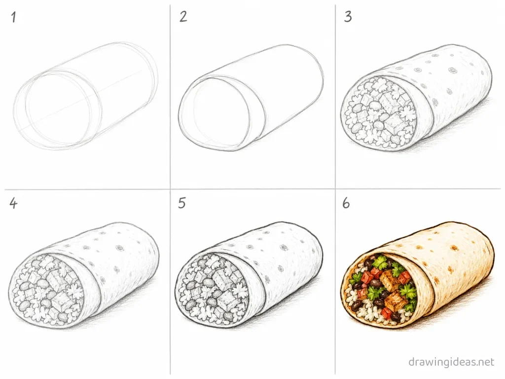 How to draw a burrito step by step — 6-step burrito drawing tutorial grid