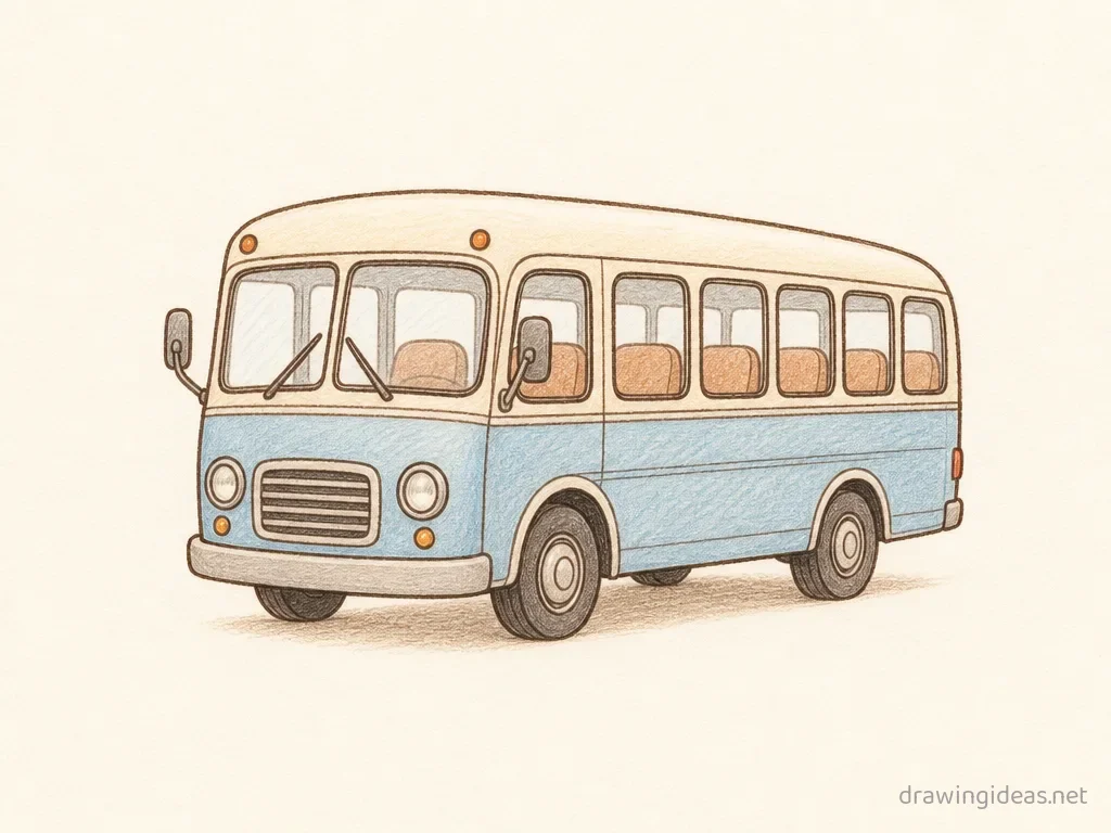 Bus drawing ā hand-drawn bus illustration with ink lines and soft colors