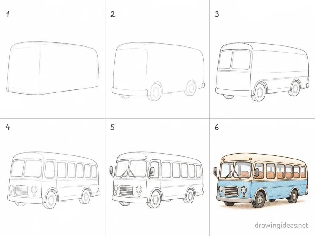 How to draw a bus step by step — 6-step bus drawing tutorial grid