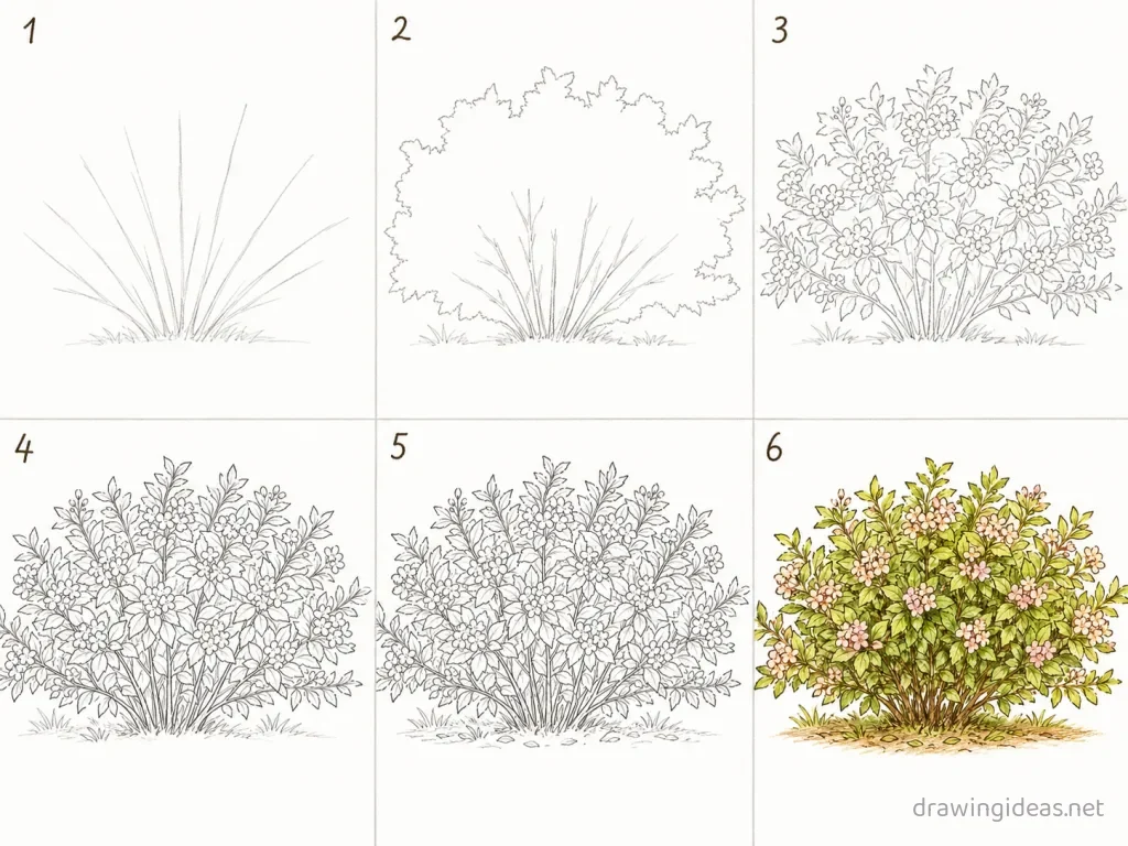 How to draw a bush step by step — 6-step bush drawing tutorial grid