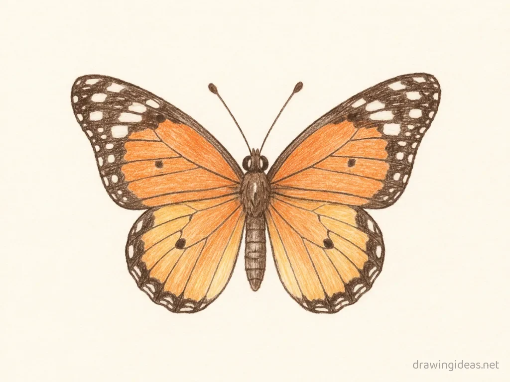Butterfly drawing — hand-drawn butterfly illustration with ink lines and soft colors