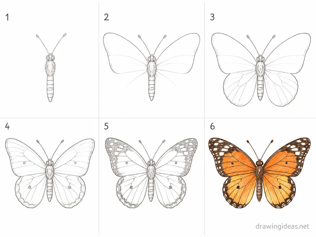 How to draw a butterfly step by step — 6-step butterfly drawing tutorial grid