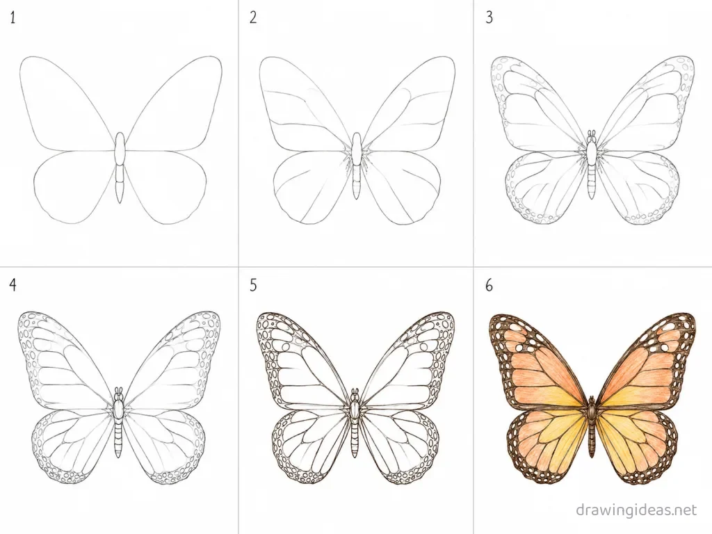 How to draw a butterfly wing step by step — 6-step butterfly wing drawing tutorial grid