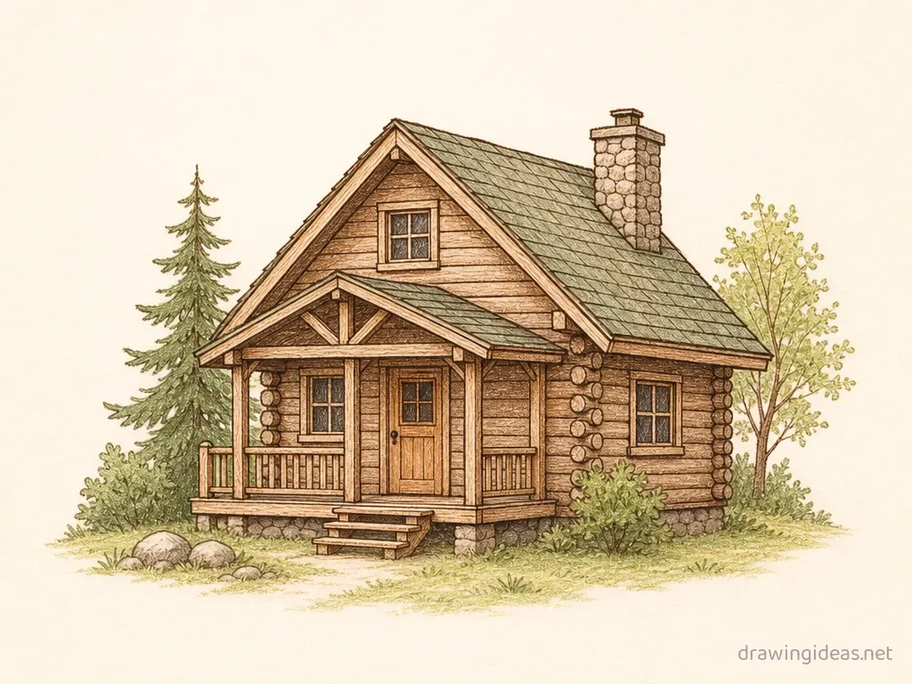 Cabin drawing — hand-drawn cabin illustration with ink lines and soft colors