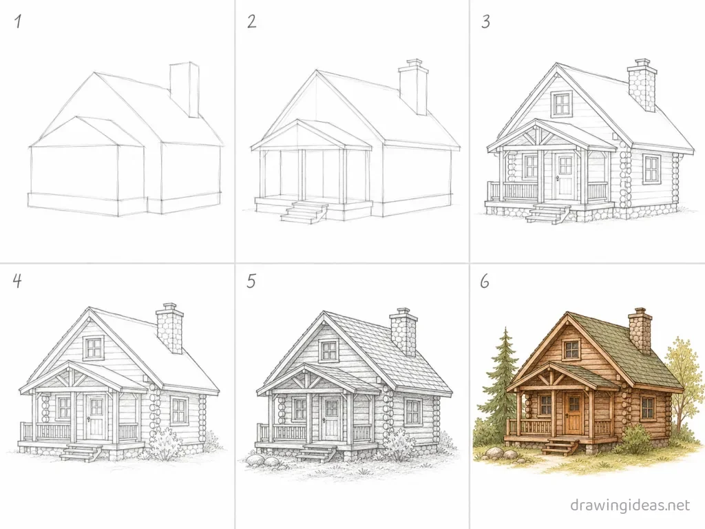 How to draw a cabin step by step — 6-step cabin drawing tutorial grid