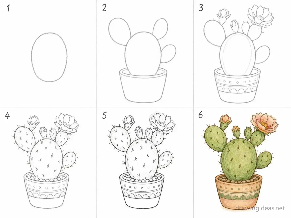 How to draw a cactus step by step — 6-step cactus drawing tutorial grid