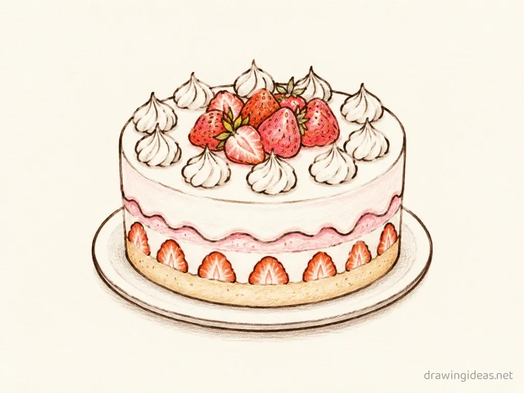 Cake drawing — hand-drawn cake illustration with ink lines and soft colors