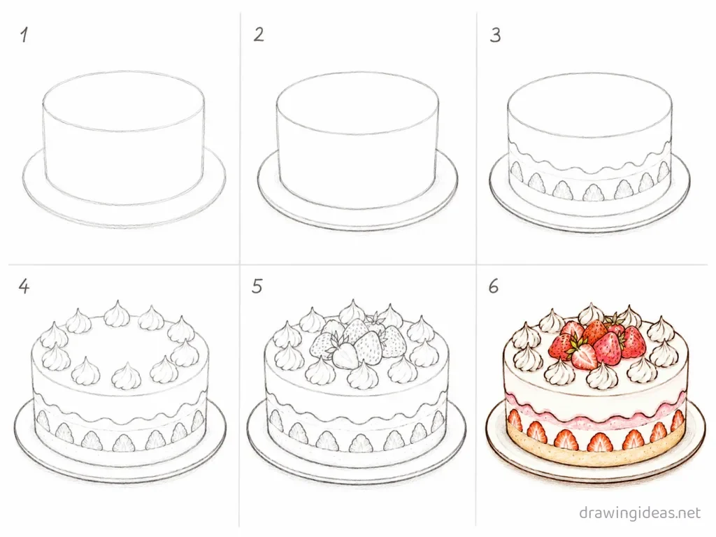 How to draw a cake step by step — 6-step cake drawing tutorial grid