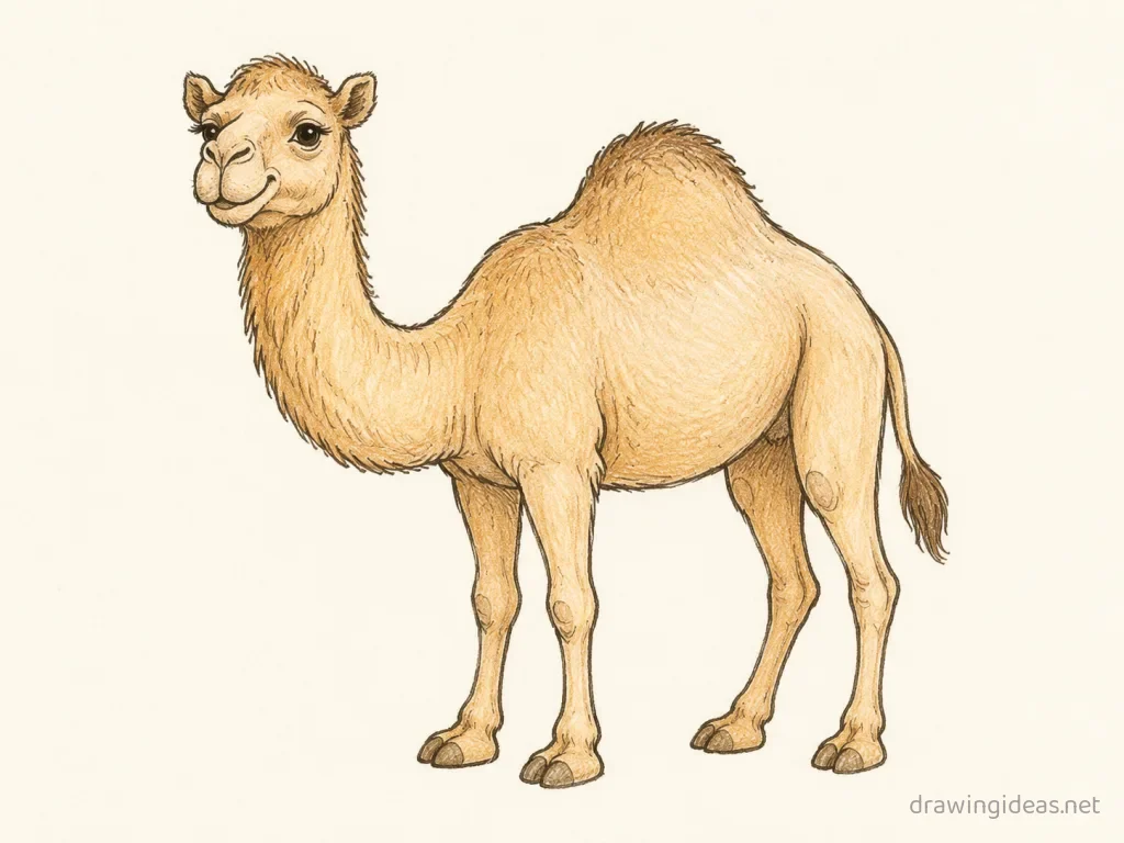 Camel drawing — hand-drawn camel illustration with ink lines and soft colors