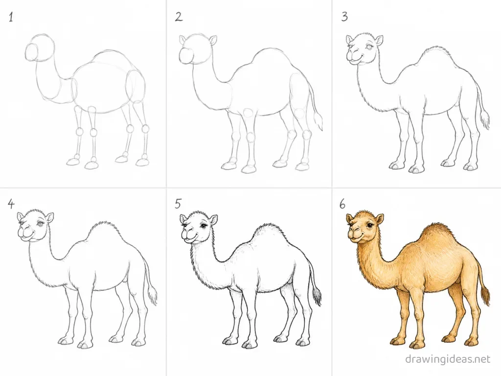 How to draw a camel step by step — 6-step camel drawing tutorial grid