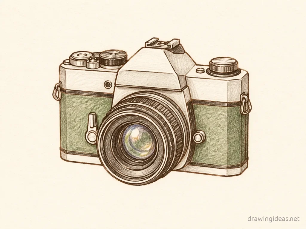 Camera drawing — hand-drawn camera illustration with ink lines and soft colors