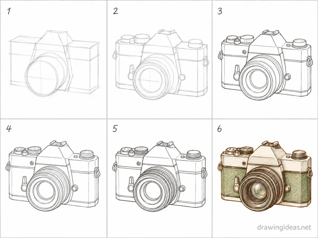 How to draw a camera step by step — 6-step camera drawing tutorial grid