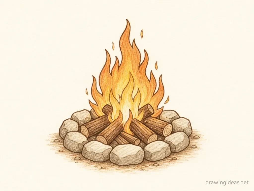 Campfire drawing — hand-drawn campfire illustration with ink lines and soft colors
