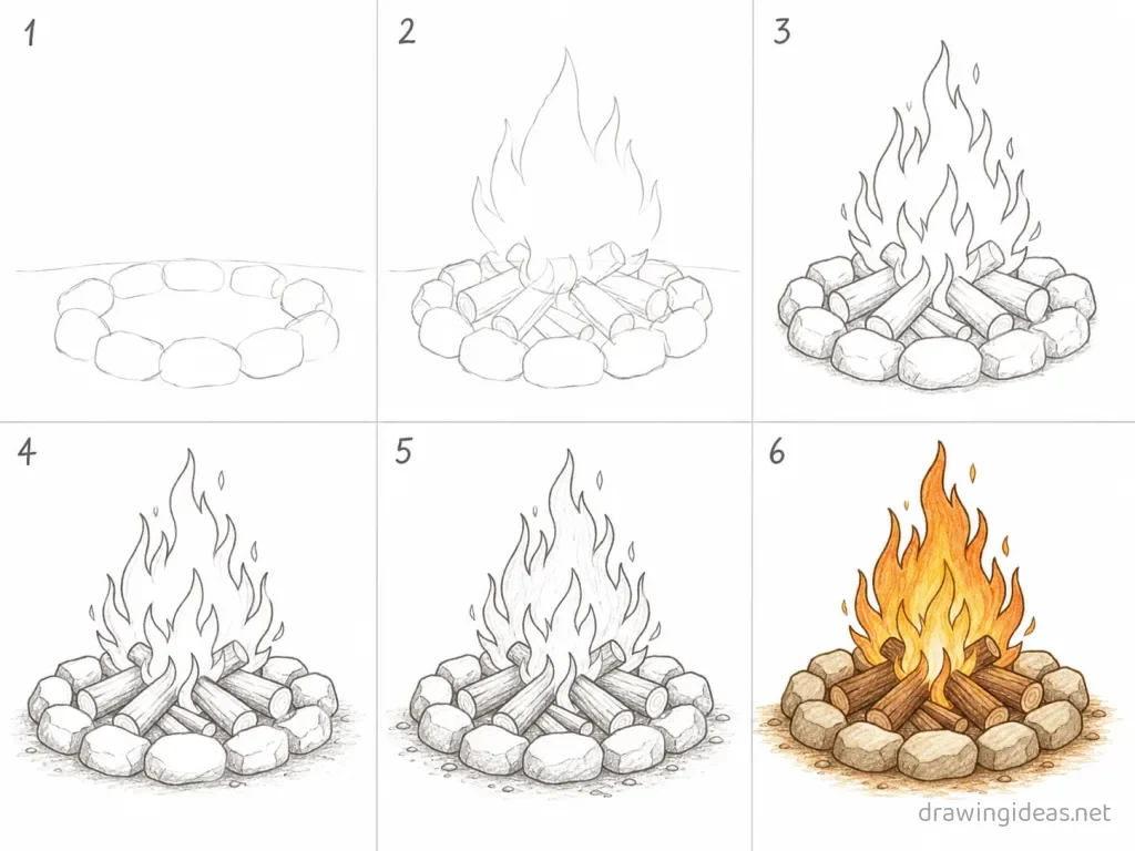 How to draw a campfire step by step — 6-step campfire drawing tutorial grid