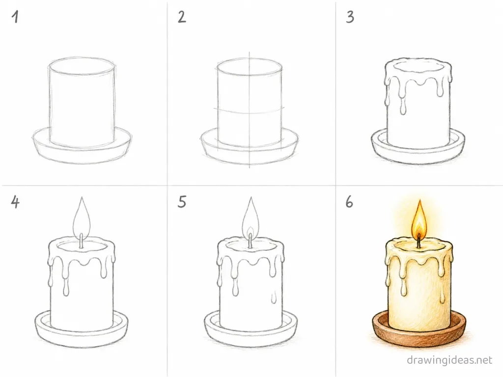 How to draw a candle step by step — 6-step candle drawing tutorial grid