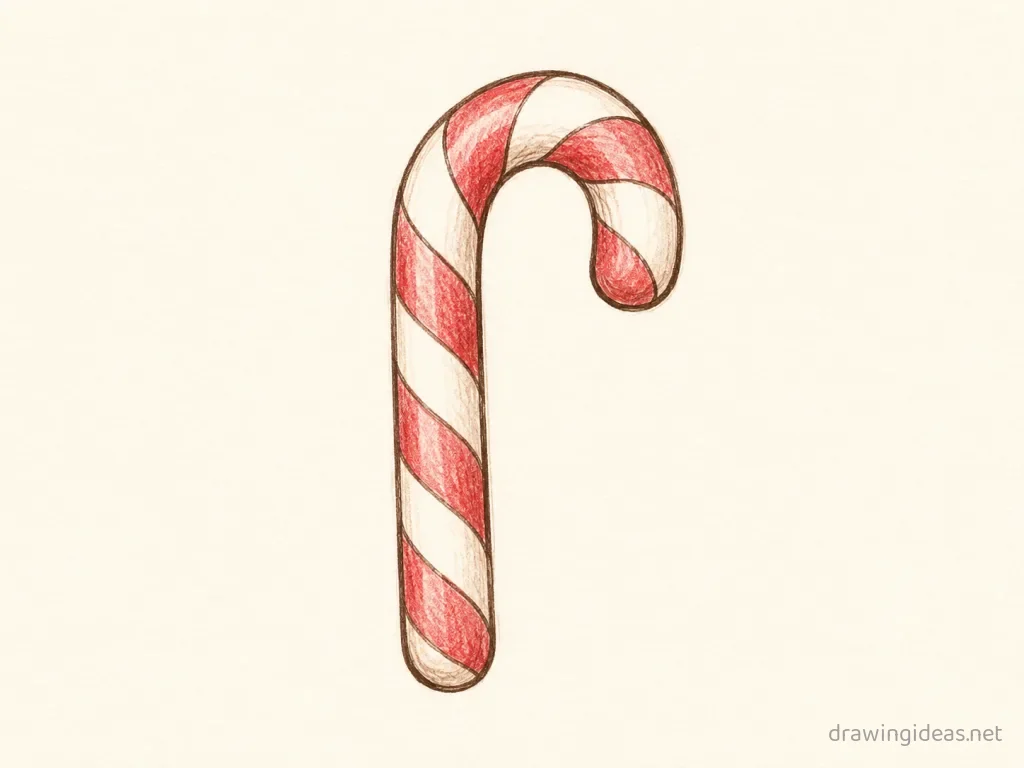 Candy Cane drawing — hand-drawn candy cane illustration with ink lines and soft colors