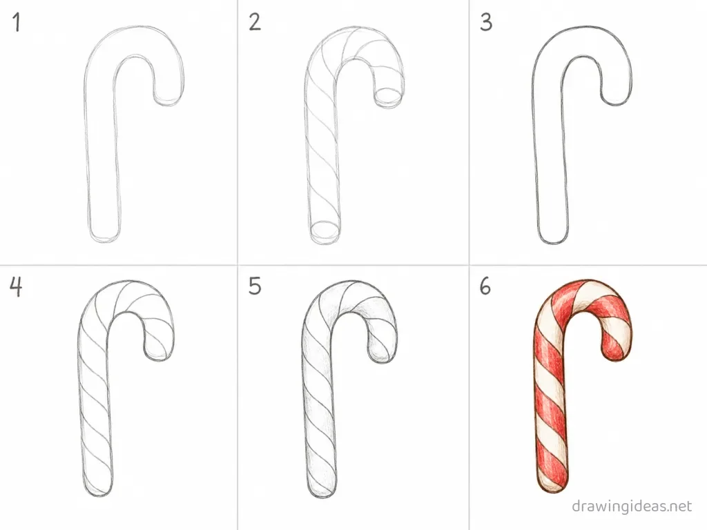 How to draw a candy cane step by step — 6-step candy cane drawing tutorial grid