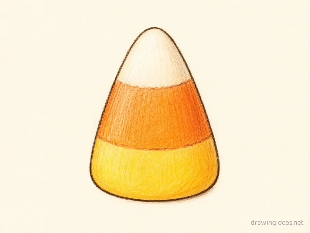 Candy Corn drawing — hand-drawn candy corn illustration with ink lines and soft colors
