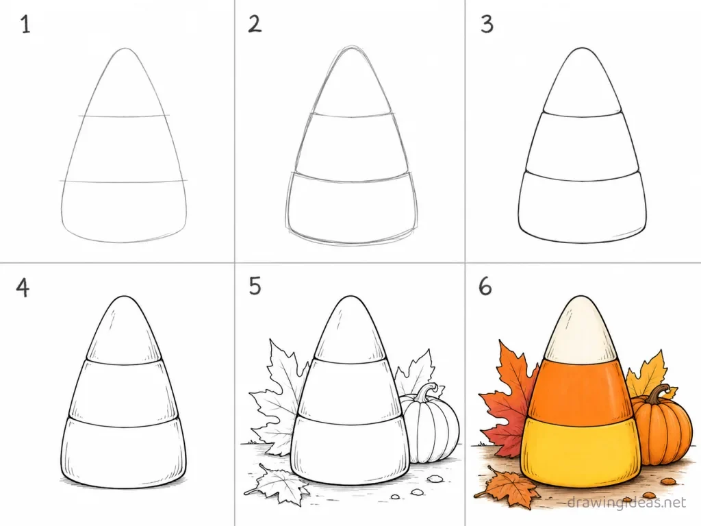 How to draw a candy corn step by step — 6-step candy corn drawing tutorial grid