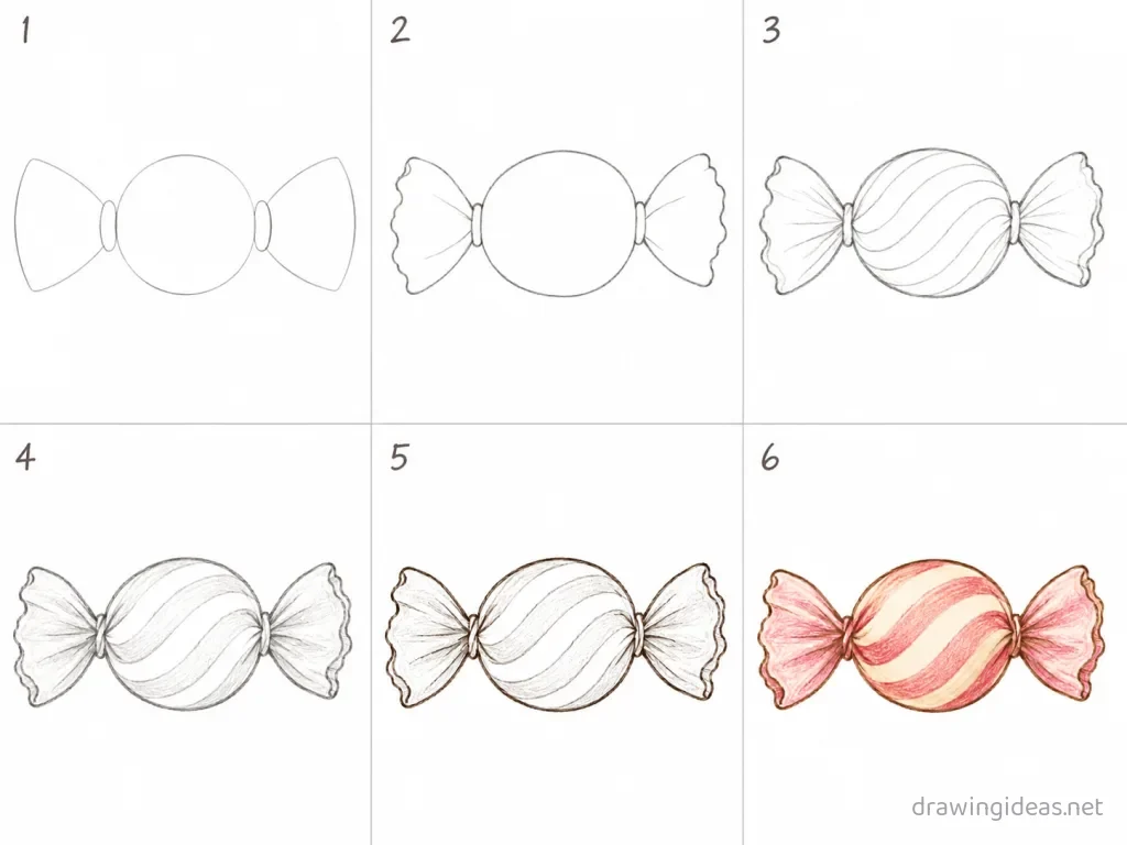 How to draw candy step by step — 6-step candy drawing tutorial grid