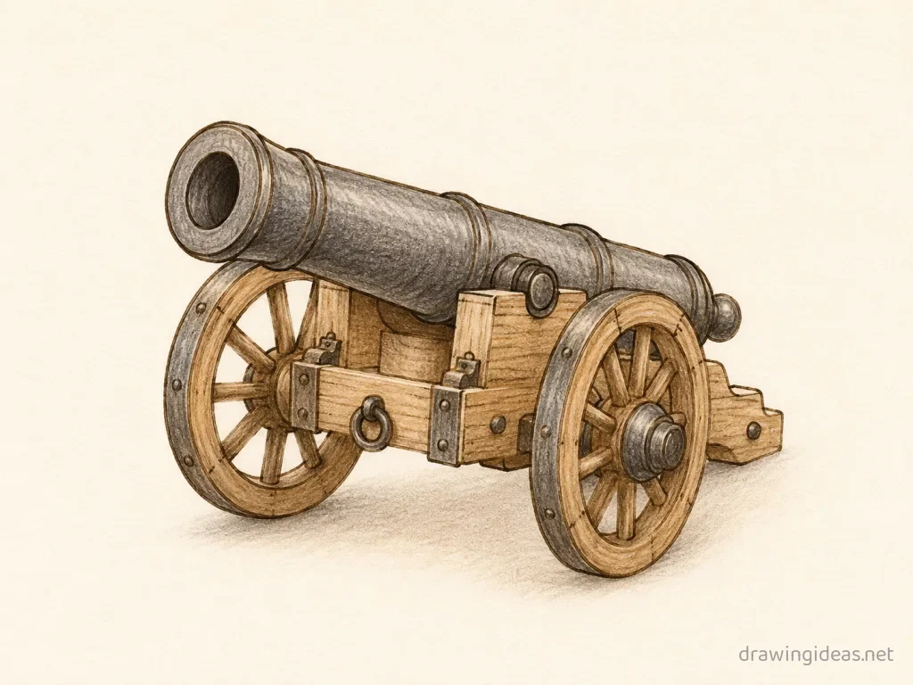 Cannon drawing — hand-drawn cannon illustration with ink lines and soft colors