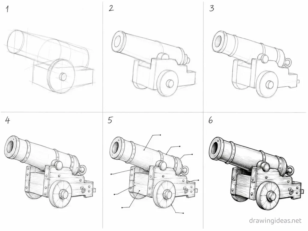 How to draw a cannon step by step — 6-step cannon drawing tutorial grid