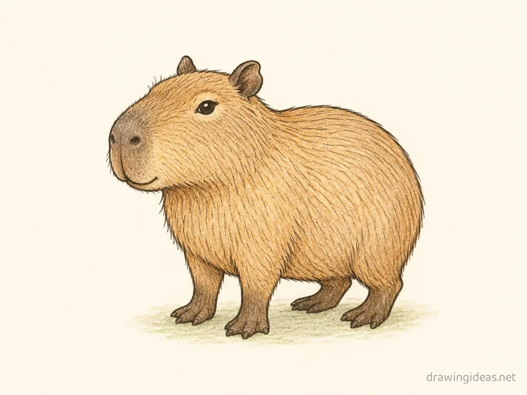Capybara drawing — hand-drawn capybara illustration with ink lines and soft colors