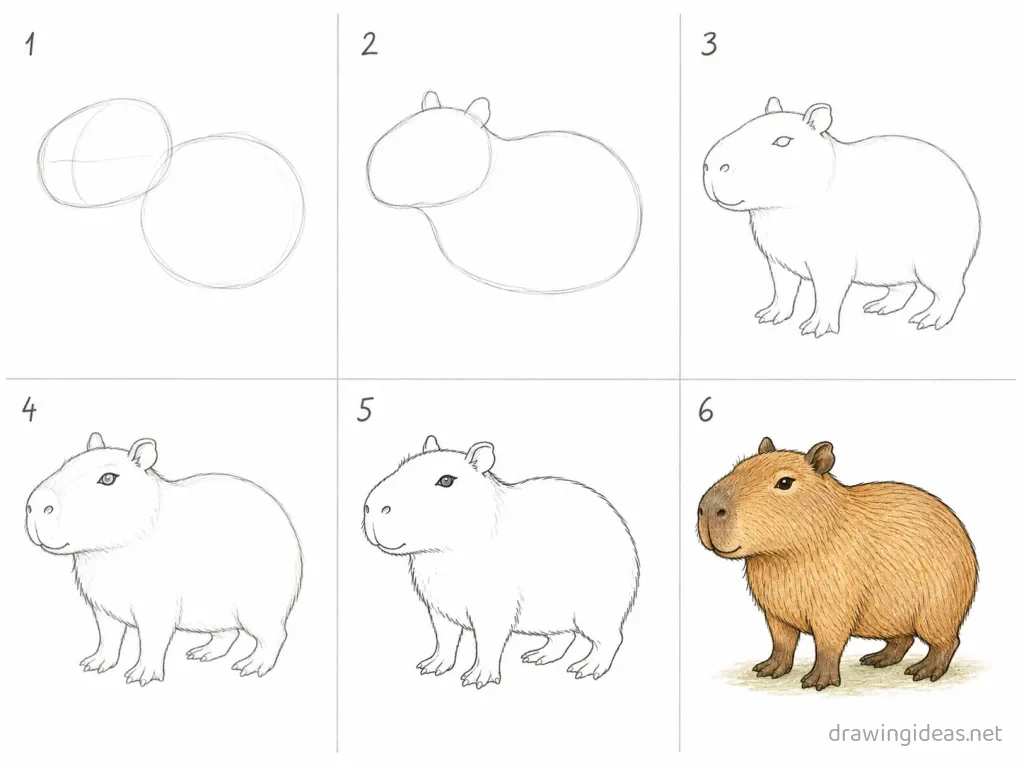 How to draw a capybara step by step — 6-step capybara drawing tutorial grid