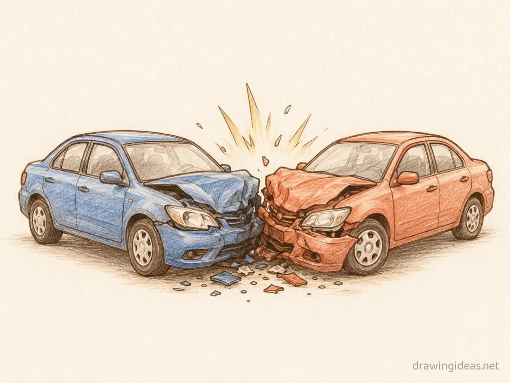 Car Crash drawing ā hand-drawn car crash illustration with ink lines and soft colors