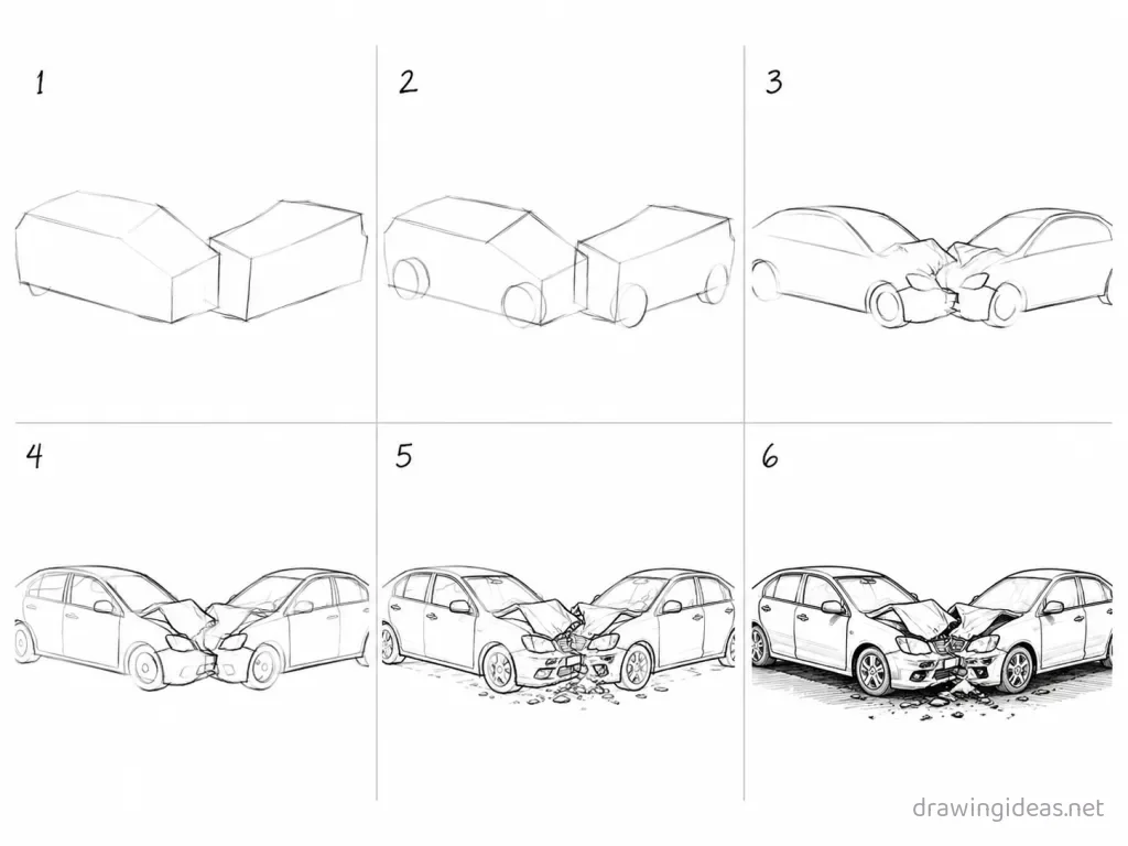 How to draw a car crash step by step — 6-step car crash drawing tutorial grid