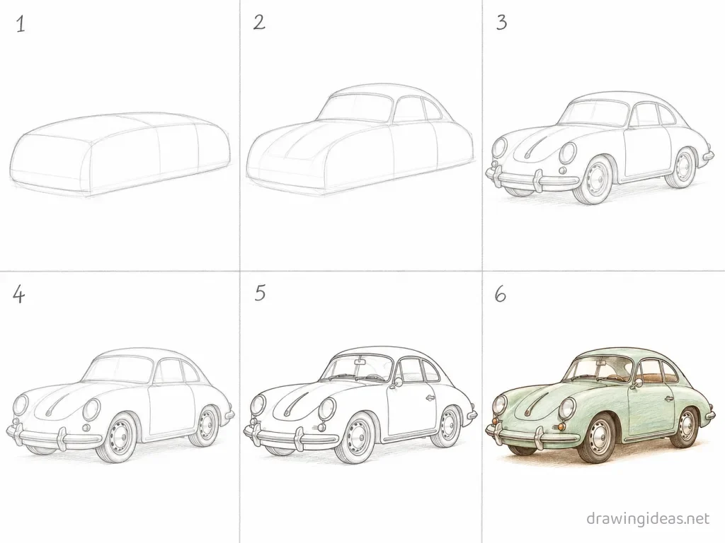 How to draw a car step by step — 6-step car drawing tutorial grid