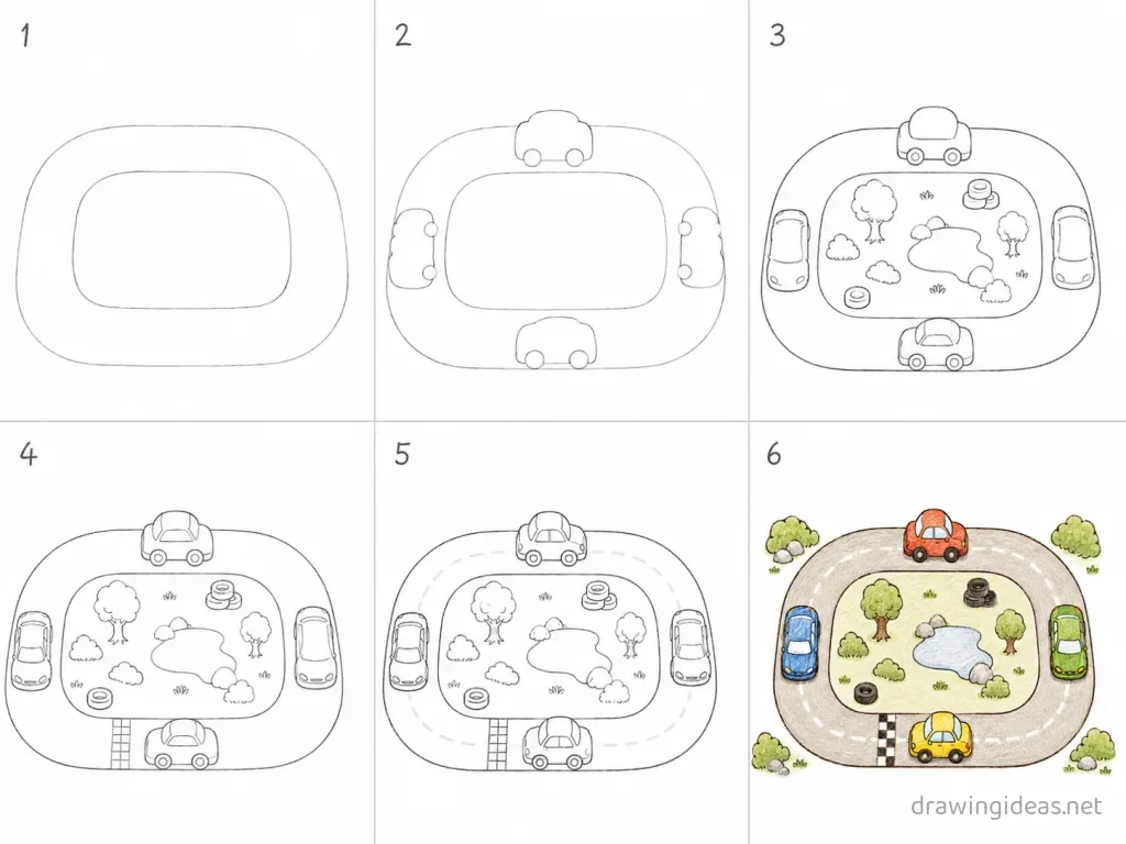 How to draw a car game step by step — 6-step car game drawing tutorial grid