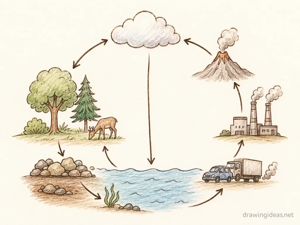 Carbon Cycle drawing — hand-drawn Carbon Cycle illustration with ink lines and soft colors