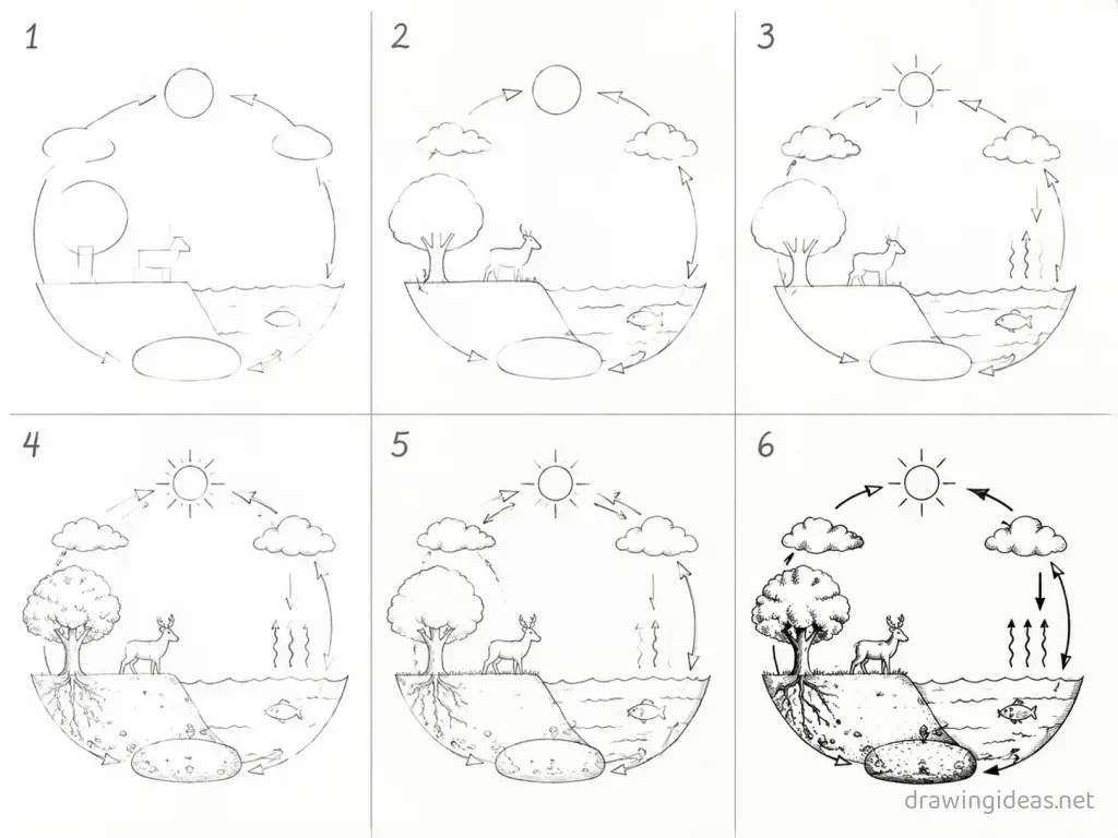 How to draw the Carbon Cycle step by step — 6-step Carbon Cycle drawing tutorial grid