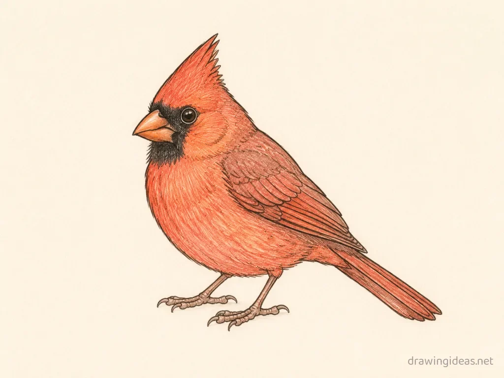 Cardinal drawing — hand-drawn cardinal illustration with ink lines and soft colors