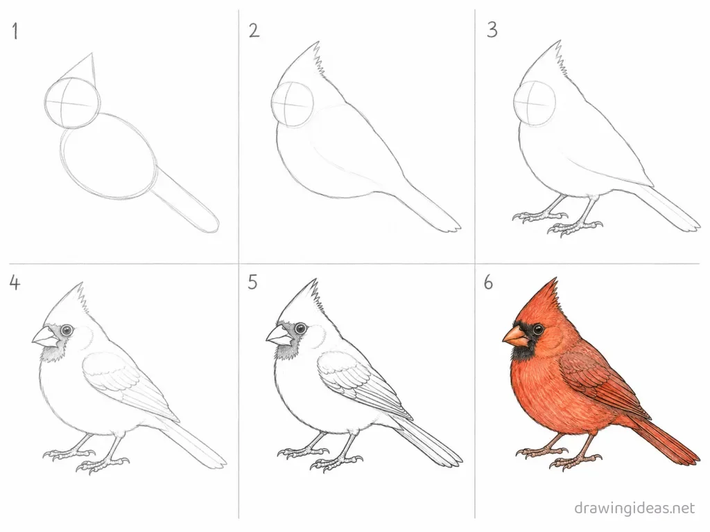 How to draw a cardinal step by step — 6-step cardinal drawing tutorial grid