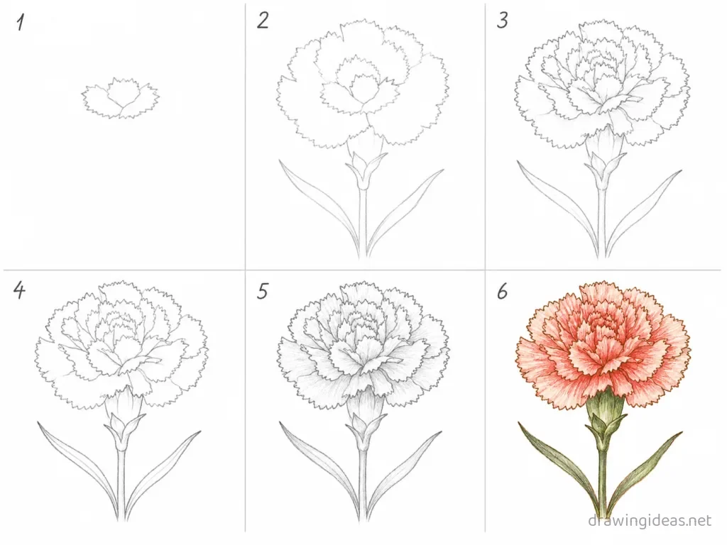 How to draw a carnation step by step — 6-step carnation drawing tutorial grid