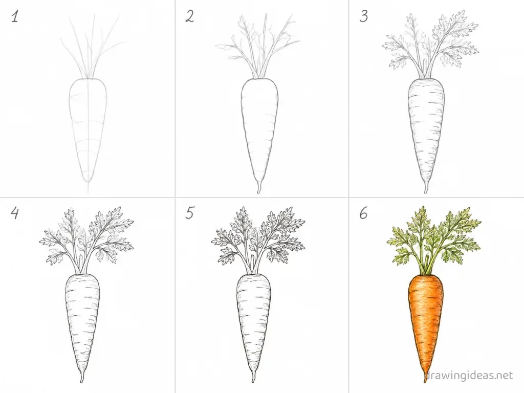 How to draw a carrot step by step — 6-step carrot drawing tutorial grid