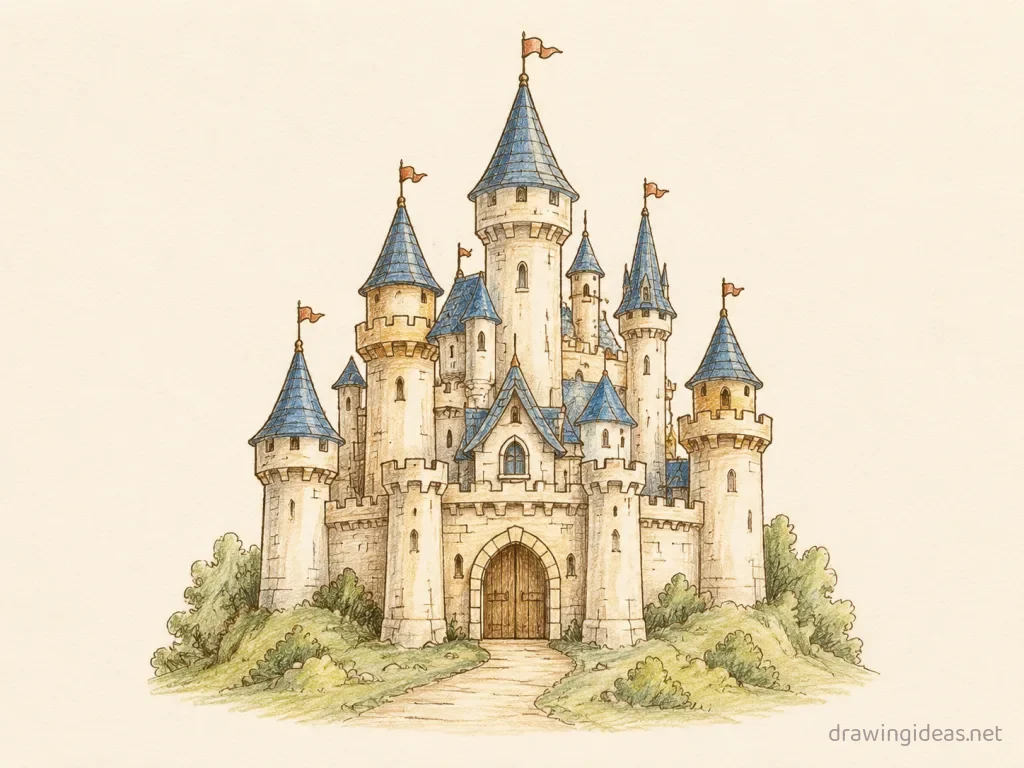 Castle drawing — hand-drawn castle illustration with ink lines and soft colors