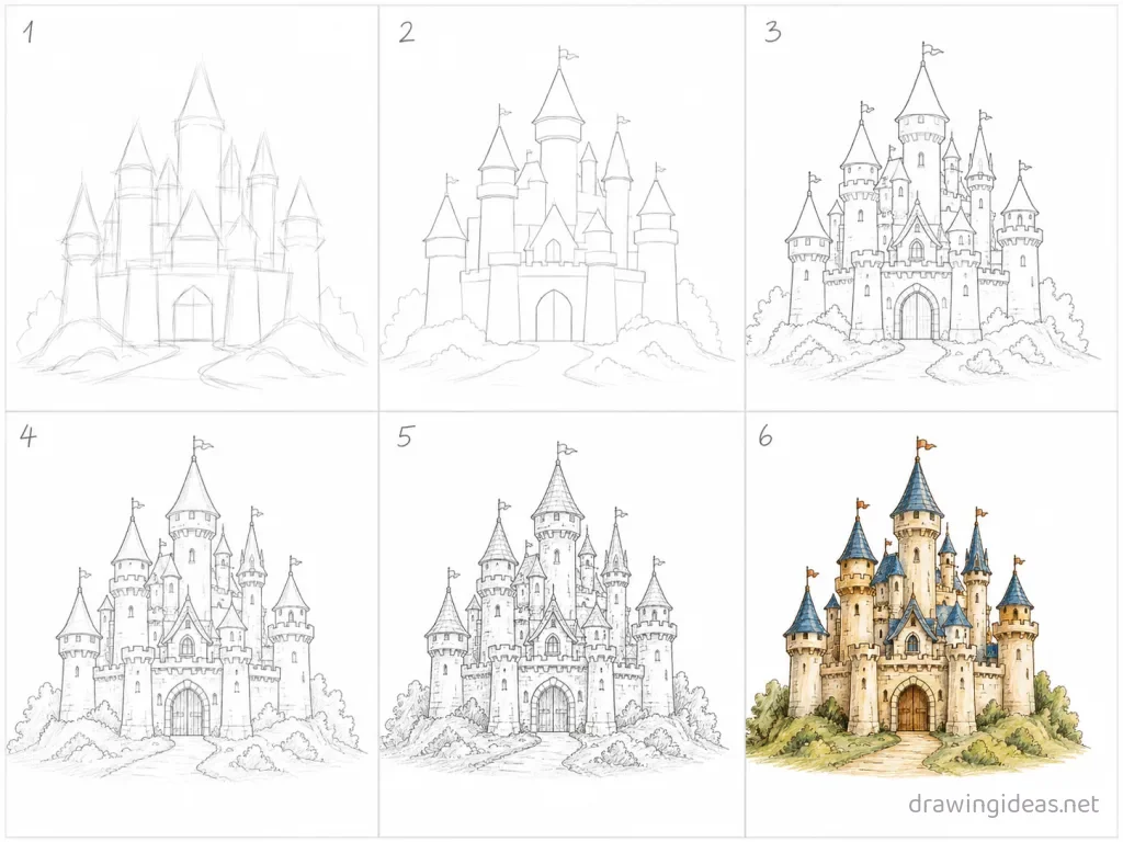 How to draw a castle step by step — 6-step castle drawing tutorial grid