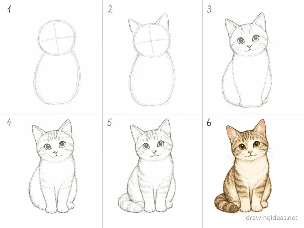 How to draw a cat step by step — 6-step cat drawing tutorial grid