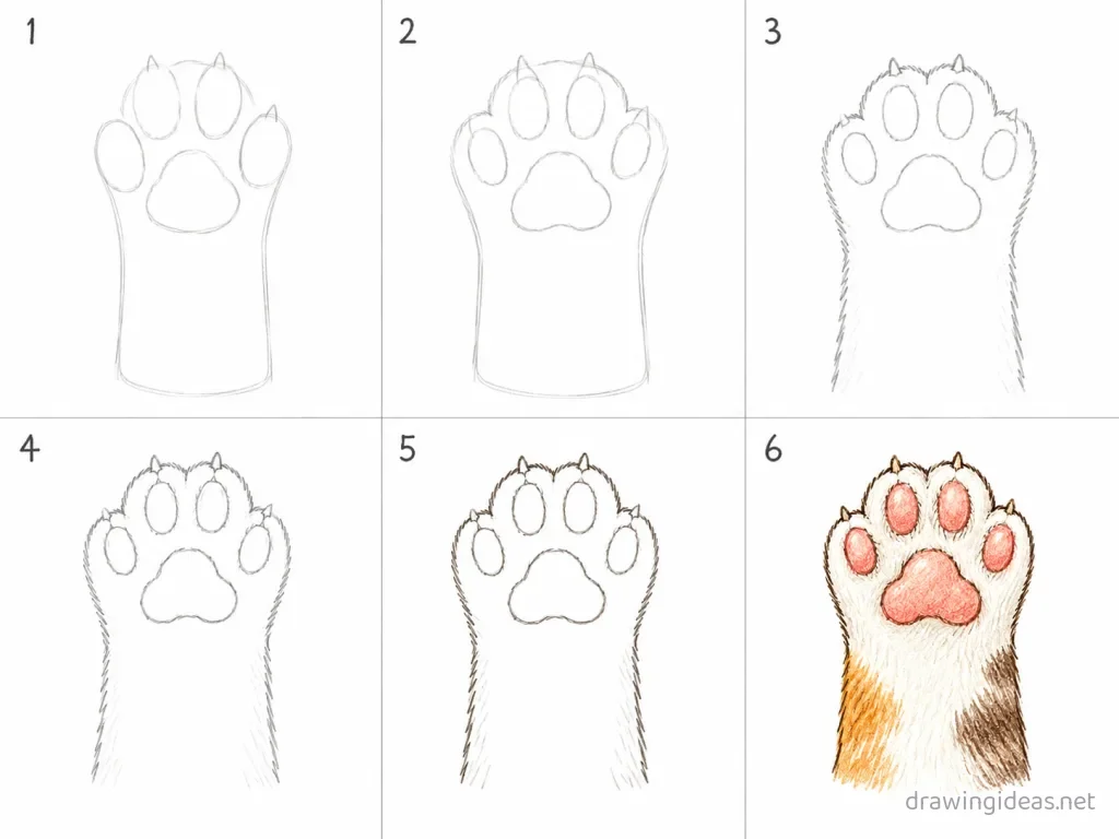 How to draw a cat paw step by step — 6-step cat paw drawing tutorial grid
