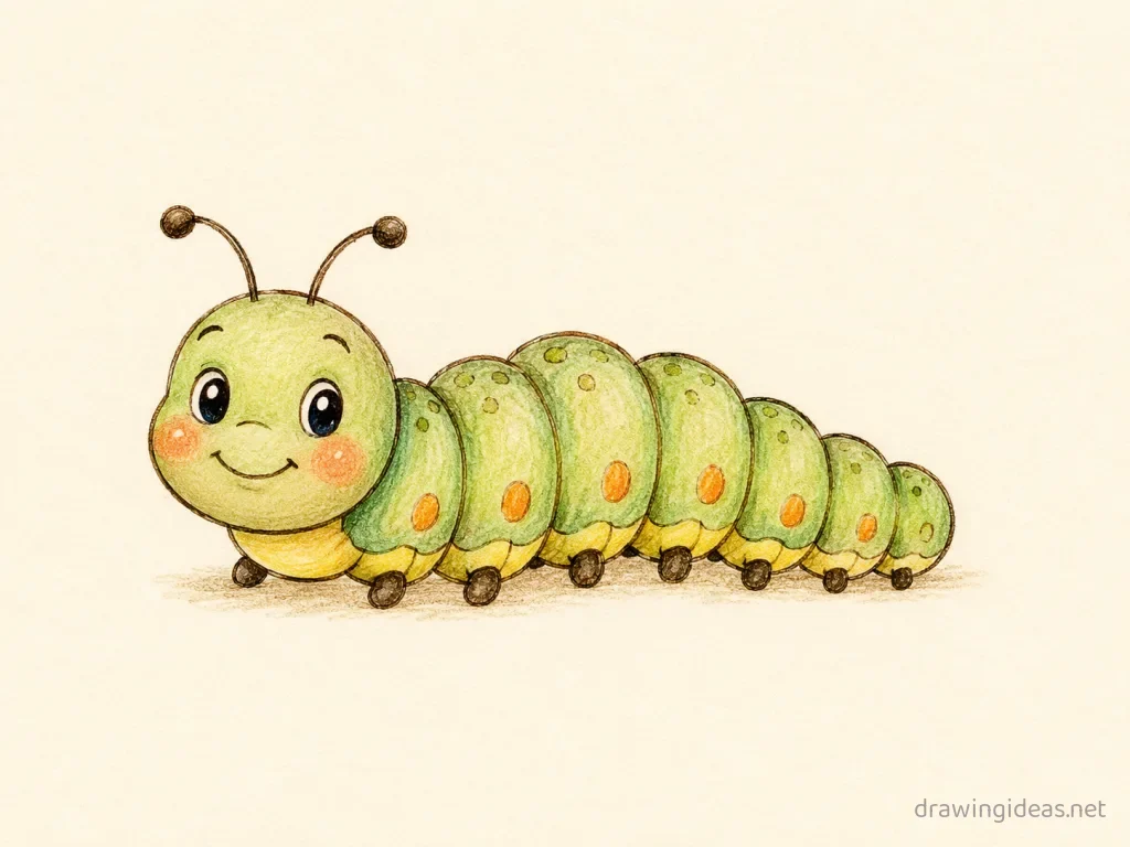 Caterpillar drawing — hand-drawn caterpillar illustration with ink lines and soft colors