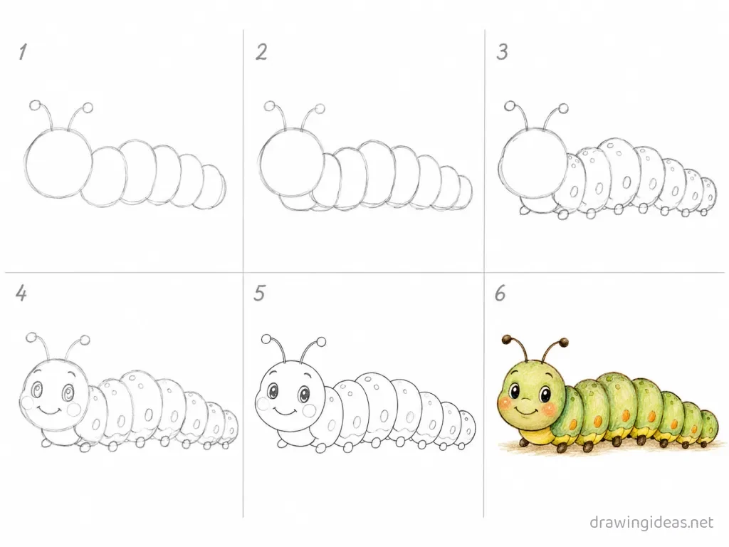How to draw a caterpillar step by step — 6-step caterpillar drawing tutorial grid