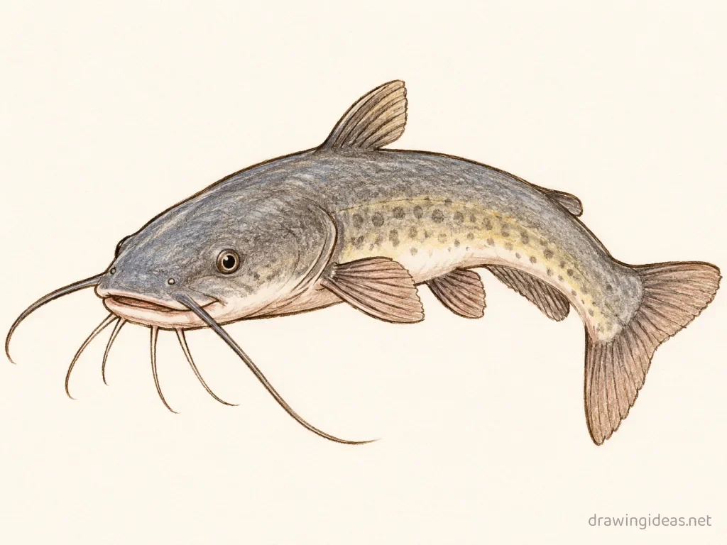 Catfish drawing — hand-drawn catfish illustration with ink lines and soft colors