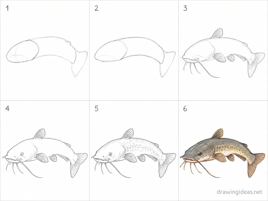 How to draw a catfish step by step — 6-step catfish drawing tutorial grid